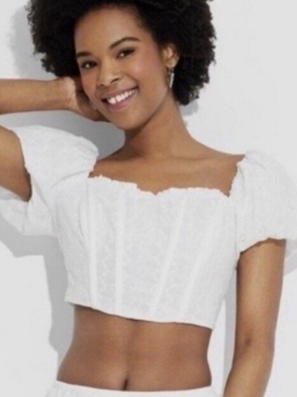 wild fable White Eyelet Puff-Sleeve Cropped Blouse